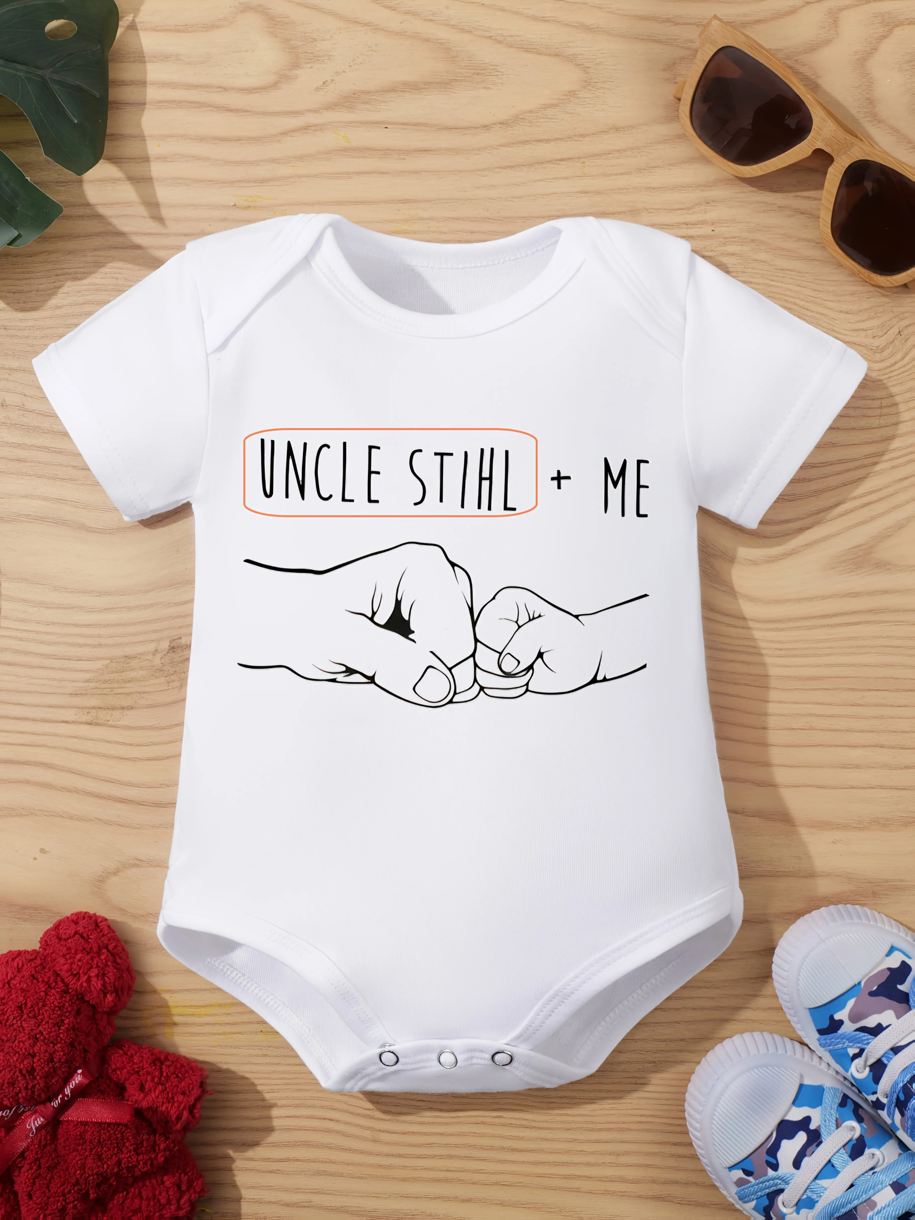 Custom Uncle Name + Me Fist Bump Baby Onesie Minimal Line Art Hand Fist Short Sleeve Cotton White Gender Neutral Infant Bodysuit