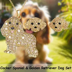 3 Pcs/Set Exquisite Shiny Golden Cocker Spaniel Alloy Pendant Necklace Earrings Jewelry Gift Set Cute Dog Lover Present for Birthday, Christmas, Anniversary Perfect Surprise for Family, Friends, Mom, Dad - Ideal for Daily Wear, Parties, Special Occasions