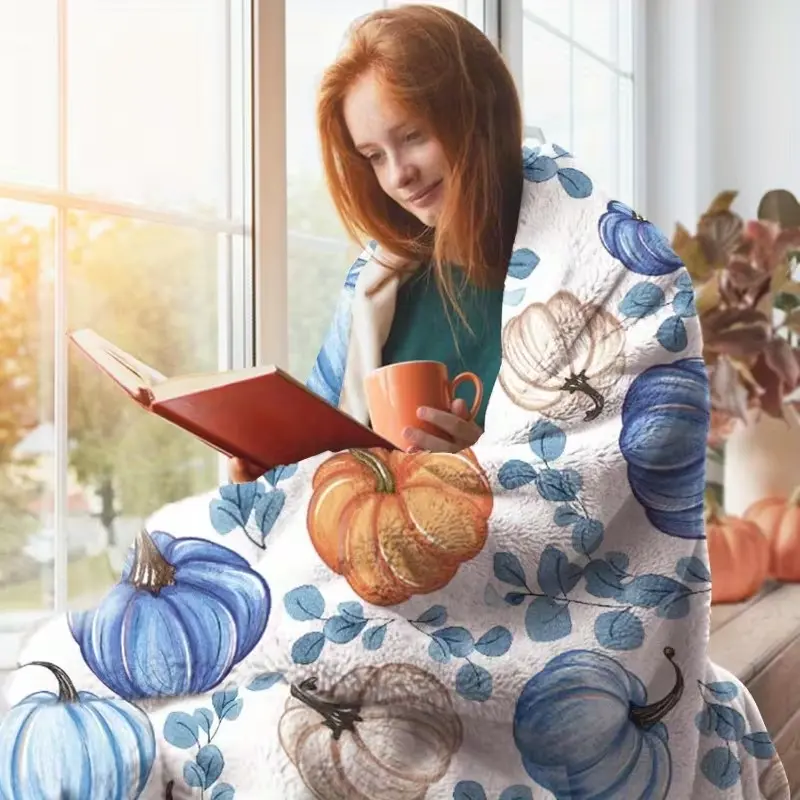 Fall Throw Blanket Soft Polyester Blue Pumpkin & Eucalyptus - Beige White Turquoise Blue Brown All Season Cozy Bedspread for Sofa Couch Fall Harvest Decor