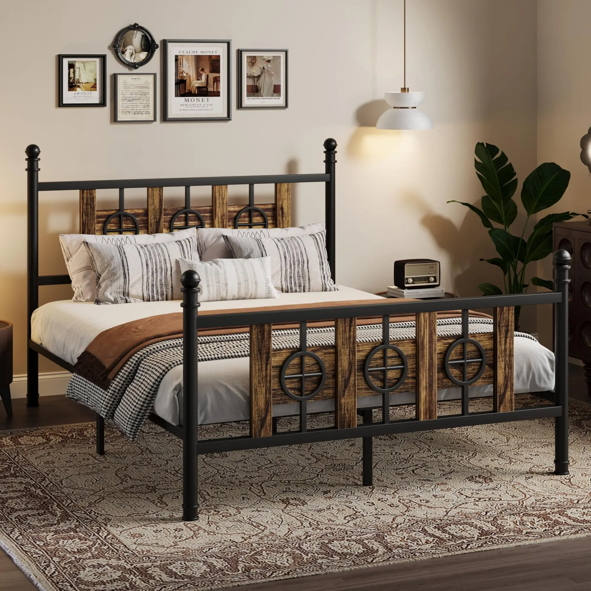 Garvee Full Size Brown Vintage Circular Metal Storage Bed Frame with Headboard & Footboard, Simple Tool-Complimentary Assembly Required, Sturdy Noise-Free Design, No Box Spring Needed, Circular Motif, Ideal for Home Bedrooms