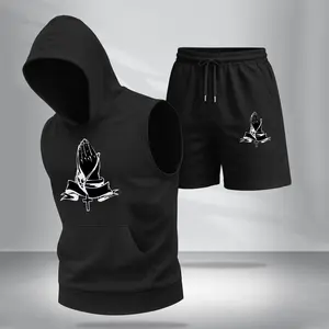 Men’s Sleeveless Hoodie & Shorts Set – Praying Hands Graphic, Faith Cross Design, Casual Summer Streetwear, Lightweight Comfort Fit, TikTok Hot Trend, Gym & Daily Wear