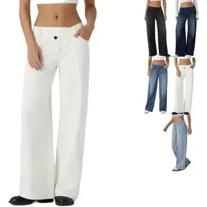 Asymmetric Low Rise Zipper Pockets Baggy Wide Leg Washed Casual Jeans Y2k Crossover Wide Straight Leg Denim Pants