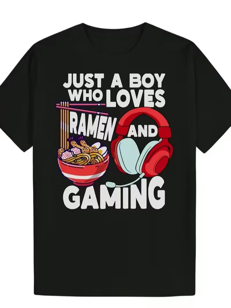 Men's Casual Fit Gaming Theme T-Shirt - Ramen Noodle Bowl & Headphones Print, "Just a Boy Who Loves Ramen & Gaming" Slogan, Retro Round Neck Shortsleeve Tops for Gamers, Menswear Summer Tee, Black