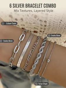 6pcs Silver Bracelet Set✨Layered Chain Vibe, Mix Textures | Cuban, Snake Bone & Twist Details | Perfect for Daily, Party & Everyday Outfits Cuban Link Bracelet
