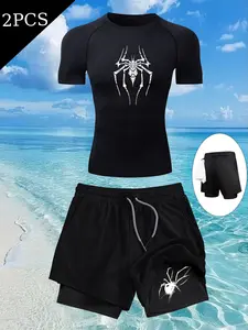 Men's Two-Piece Sports Compression Quick-Dry Set, Spider Print High Elasticity Gym and Outdoor Wear, Slim Fit Tee and Dual-Layer Drawstring Shorts, Activewear Workout Set
