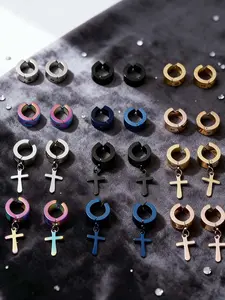 Fashion Hip Hop Stainless Steel Ear Clips Set, Hoop Earring Sets, Hoop Earrings, Cross Earrings, Multiple Colors Available, Ideal for Daily Use or Parties, Perfect Gift for Friends and Family