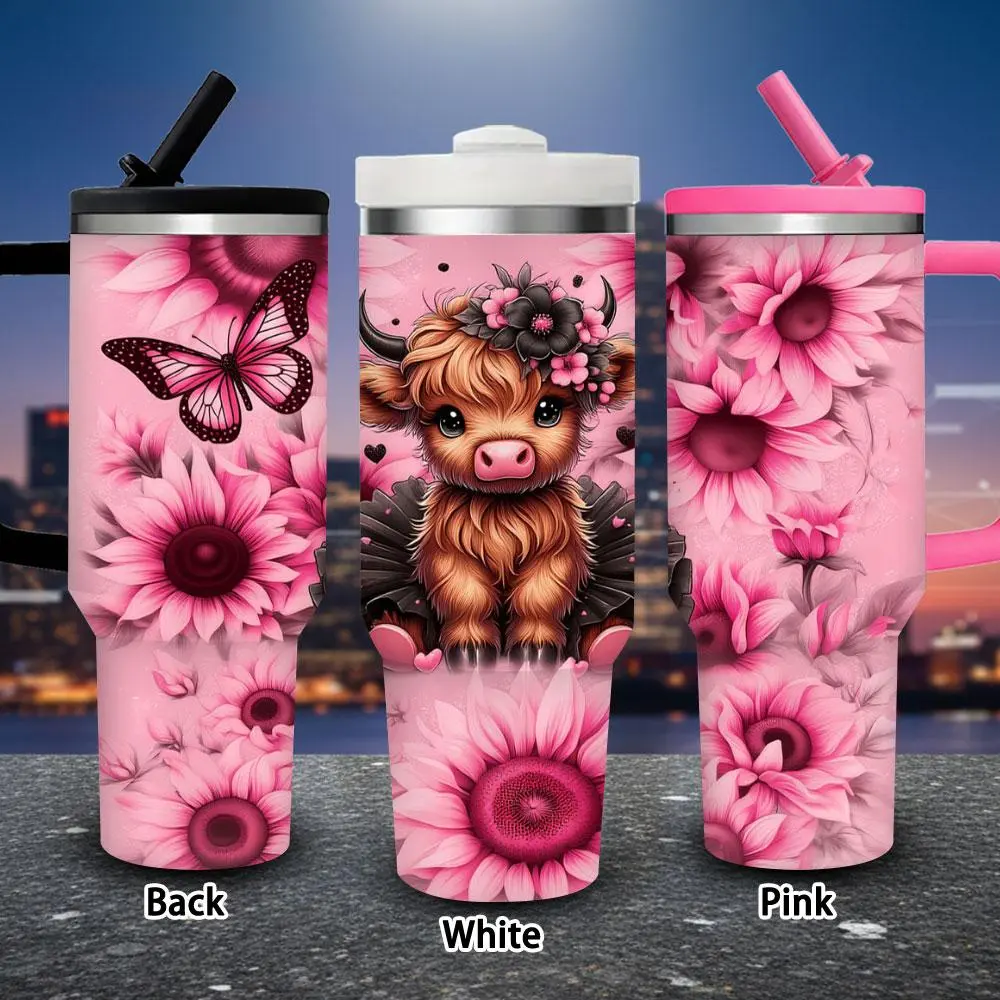 Single 40oz Whimsical Fantasy Art Calf Vacuum Flask - Portable Insulated Travel Mug with Floral Crown, Pink Flowers, Lid & Straw - Iced/Hot Coffee Compatible - Gifts for Women (Valentine’s Day, Birthday Ready), Flasks