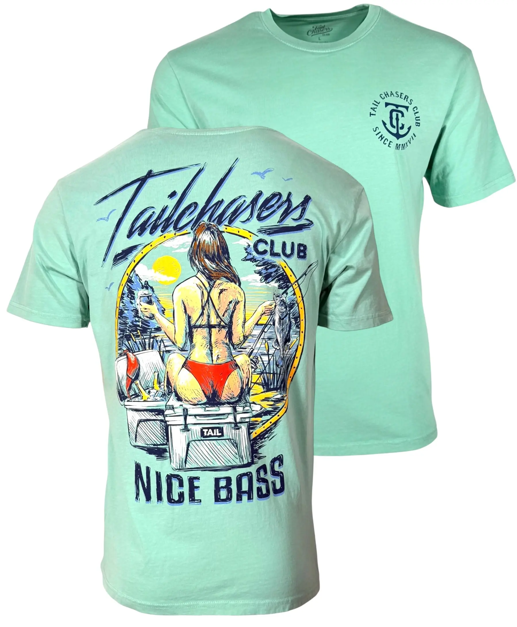Tail Chaser Men's TC28 Bass Graphic Print T-Shirt, 100% Cotton Short-Sleeve Crewneck for Casual Fishing & Streetwear, Tshirt, Round Neck, Shortsleeve, Tops, Casual Fit, All Seasons