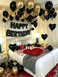 603-Piece 16" Black "Happy Birthday" Letter Foil Set with Red Artificial Petals, Black & Gold Latex, Heart Foil Pieces, Ideal for Balloon Arch, Birthday Party & Family Gathering Background Decor