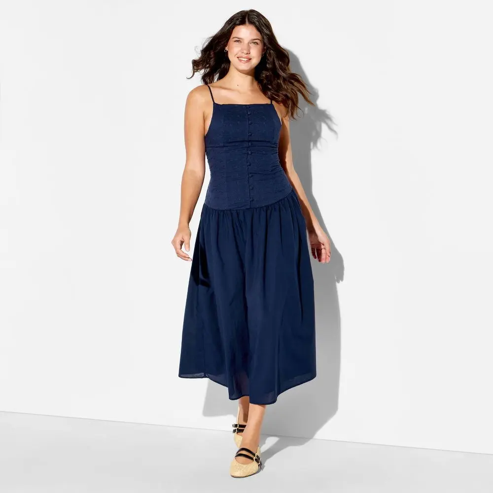 Women's Sleeveless High Neck Dropped Waist Lightweight Adjustable Cotton Midi A-Line Garment Dress - Wild Fable