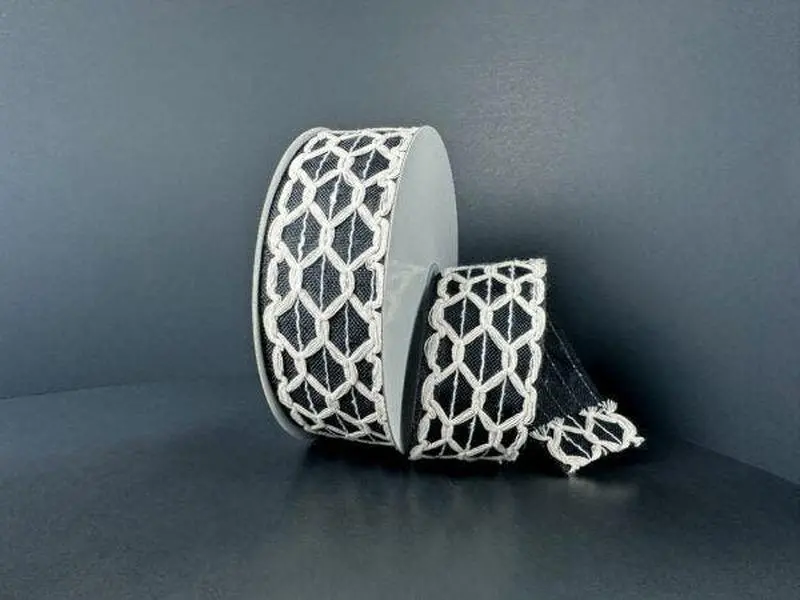 1.5"X10Y Ivory and Black Scallop Burlap Linen Ribbon 61520-09-21