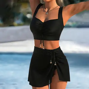 Women 2026 Summer Fashion Casual Split Swimwear, soft Mesh Skirt Pants Drawstring Slim Tummy Control Two Piece Bikini Bathing Suit