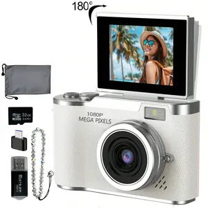 Foldable Screen Camera, Entry-level Digital Camera, Vlogging Digital Camera, 1080P Video Recording Capability. Includes a Bracelet Pendant and Stickers, a Compact Video Camera With a Flip Screen Feature, Retro-Style Photos, and a 32GB Storage Card