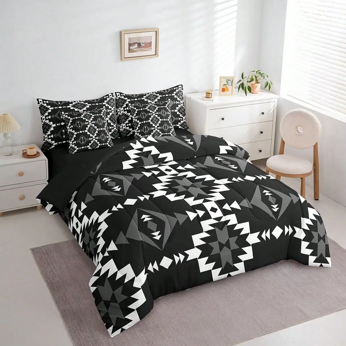 3-Piece Southwest Wind and Waves Ethnic Style Boho Quilt Set, Bohemian Quilt Set, Boho Bedding Set - Soft, Lightweight, with 200g/cm Quilted Padding, Includes 1 Quilt and 2 Pillowcases (No Pillow Inserts) - Perfect for Bedrooms and Gifts