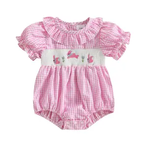 Canrulo Baby Girl Easter Outfit Bunny Embroidery Bubble Romper Ruffle Short Sleeve Plaid Bodysuit Smocked Baby Clothes