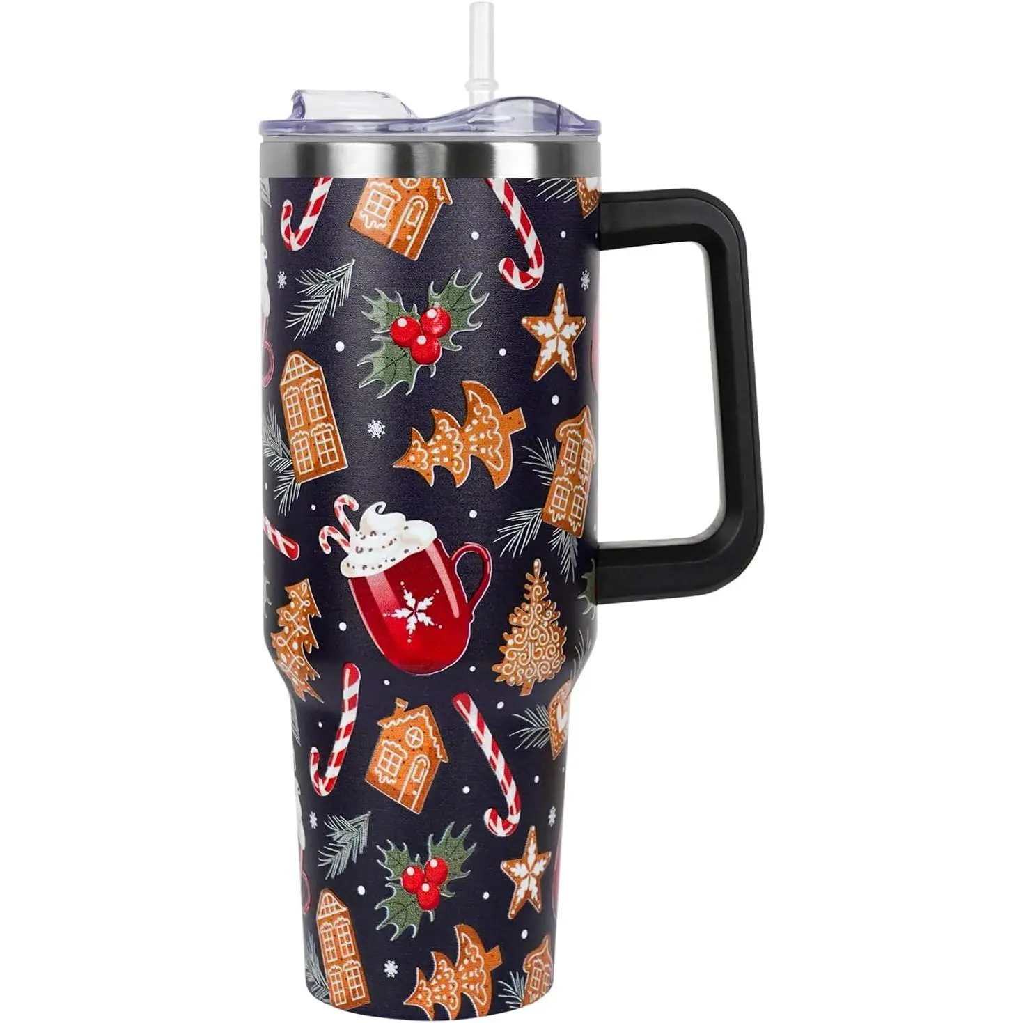 40oz Stainless Steel Vacuum Flask (1000-2000ml) - Leakproof Insulated Tumbler with Handle, Straw Lid, Gingerbread House Decor, Cute Christmas Gift for Women, Coffee Drinkware, Kitchenware Accessory, Leakproof Insulated Container