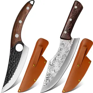 2PCS Knife Set, Hand Forged Serbian Chef Knife & Meat Cleaver Knife & Viking Knives, Meat Cutting Kitchen Knife Set For Home, Outdoor Cooking, Camping BBQ