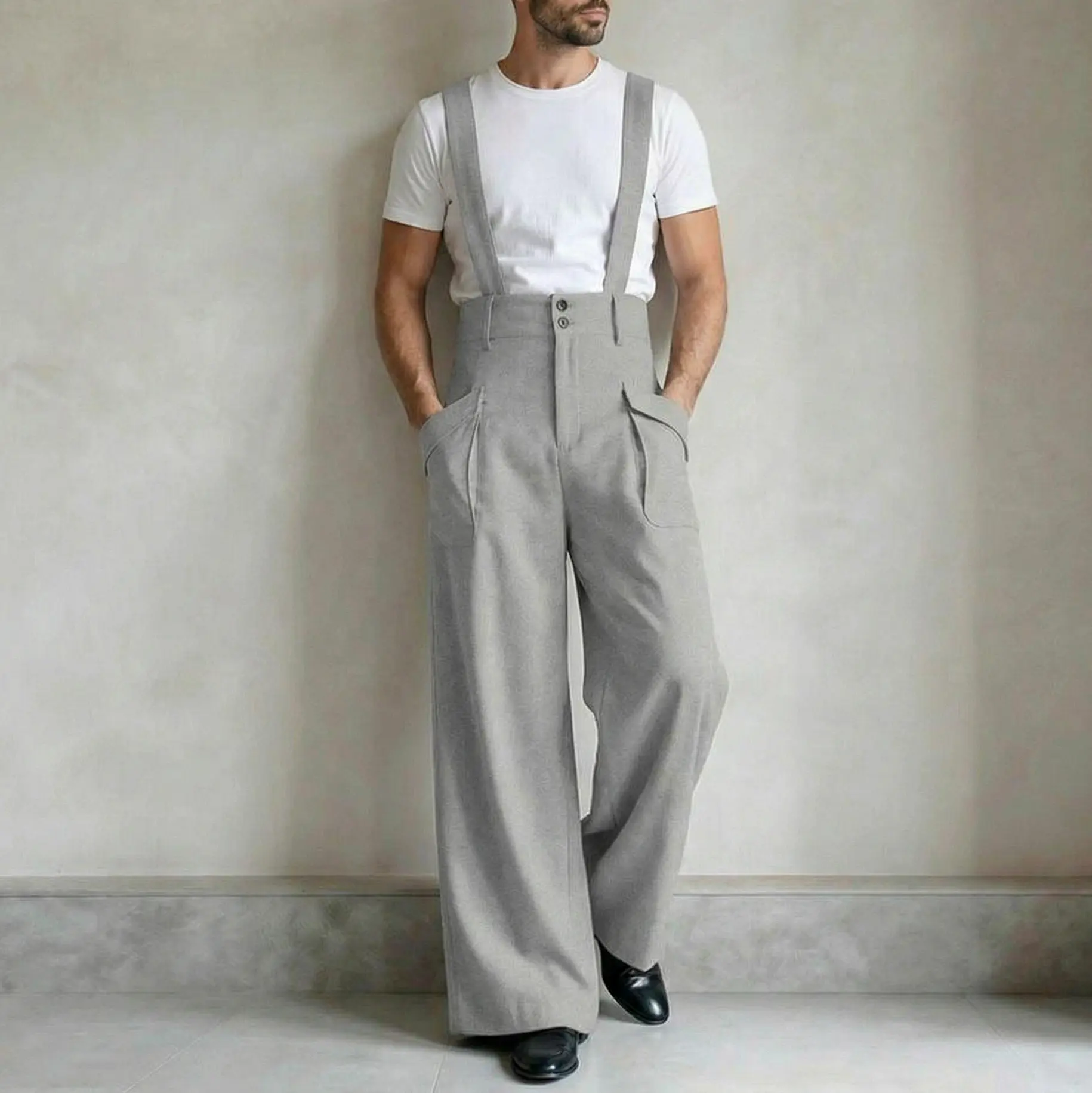 INCERUN Fashion Spring/Summer Lightweight Men's Vintage High-Waisted Straight-Leg Wide-Long Overalls/Suspender with Adjustable Strap Length, Lightweight and Breathable for Spring/Summer Wear, Suitable for Men's Daily and Formal Occasions.
