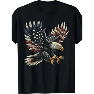 Plus Size - Plus Size - American Bald Eagle In Flight Black T-Shirt |   Plus Size Men'S T-Shirt With Patriotic Eagle Design, Finely Detailed And Realistic, Inspired By 4Th Of July, Summer Casual Crew Neck Shirt
