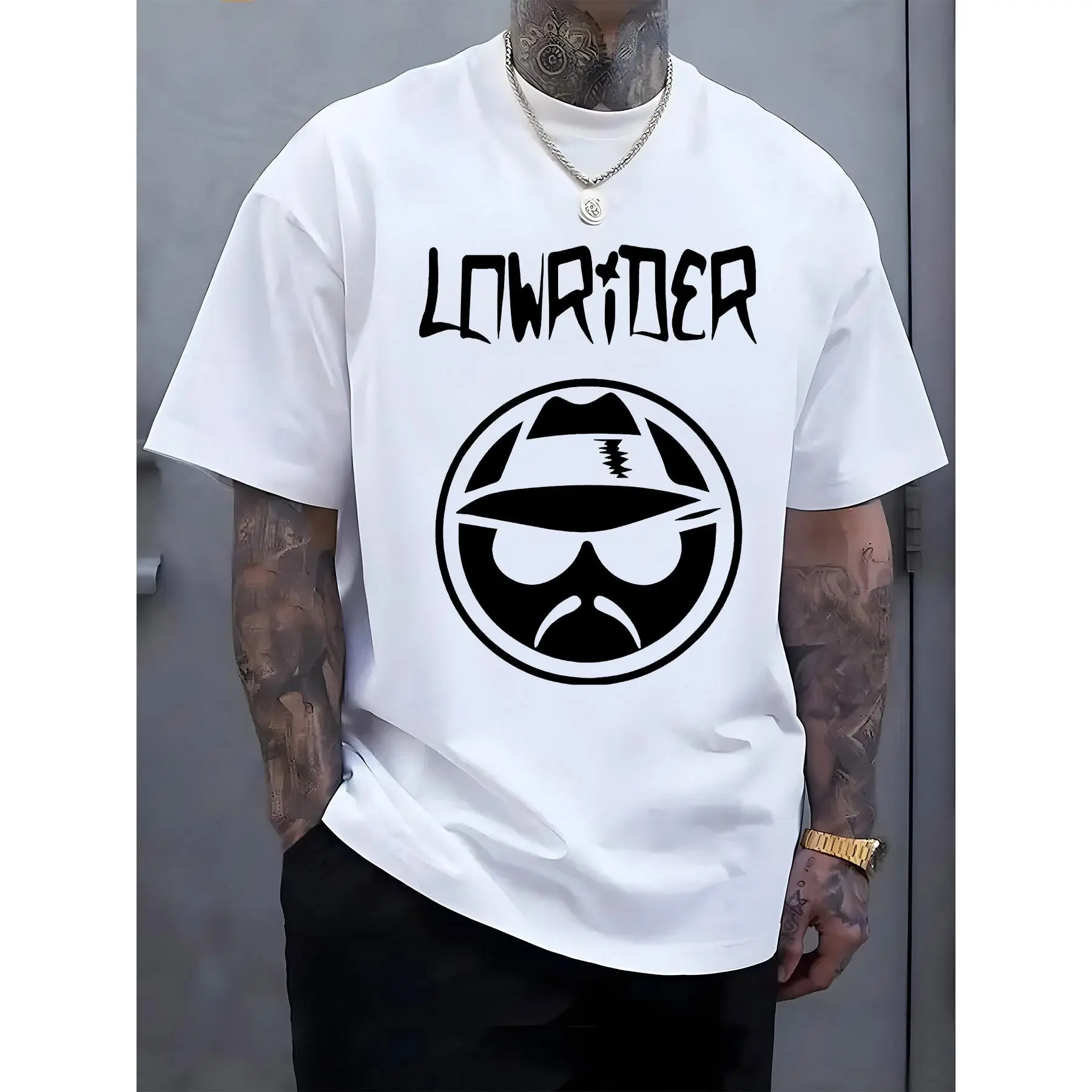 Men's Comfy Relaxed Fit Short Sleeve Crew Neck Graphic Tshirt - "LOWRIDER" Print, White Machine Washable Summer Outdoor Streetwear Casual Top