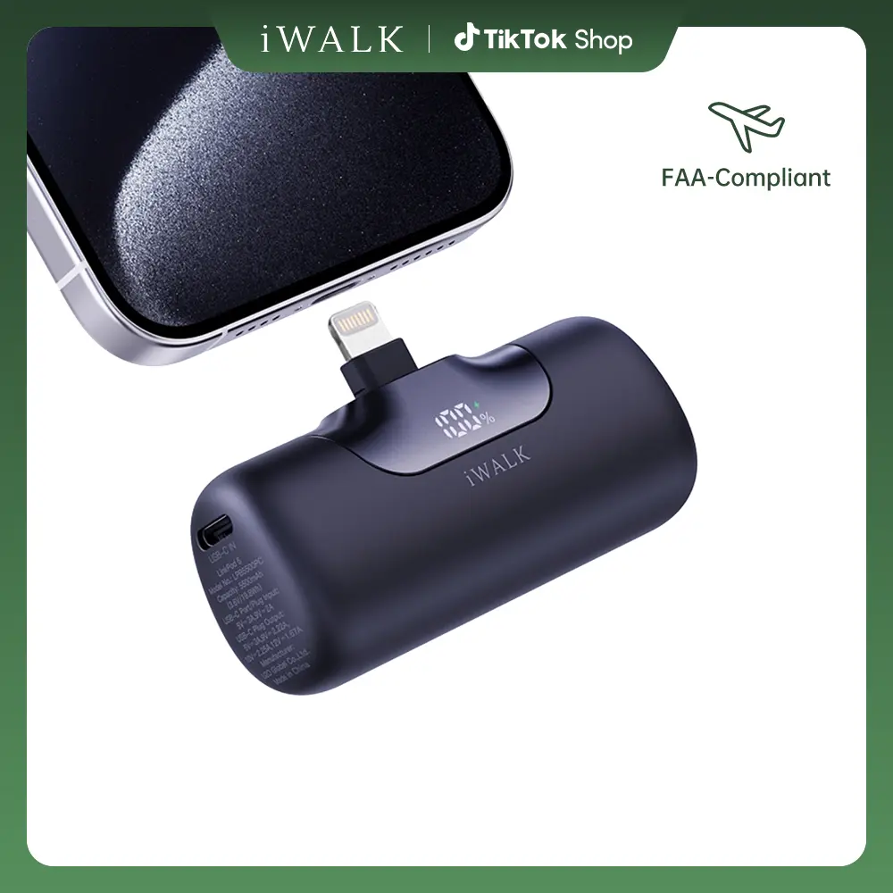 iWALK LinkPod 5 Portable iPhone Charger - 5500mAh (5000-10000mAh Range) 20W PD Fast Charge Electronic Power Bank, Mini Plug-In with LED Display, Lightning Connector for iPhone 14/13/12/11/X/8/7, Mobile Smartphone Device Accessory for Outdoor Charging