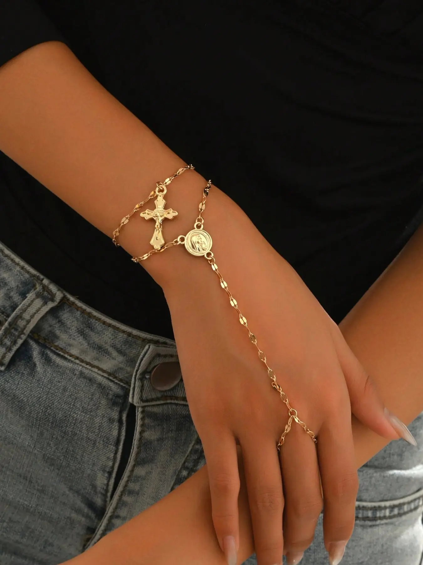 2 Pieces Set: Versatile Fashion Gold Religious Cross Pendant Exquisite Bracelet With Classic Adjustable Finger Ring Chain Jewelry, Suitable For Daily Wear Religious Jewelry Gift