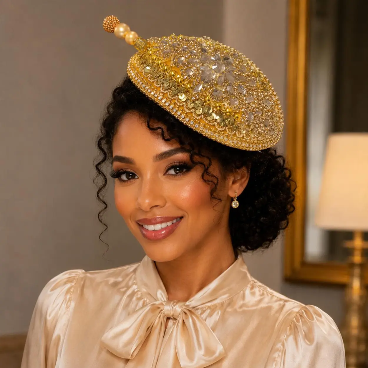 Luxury Gold  Crystal Fascinator Hat for Women – Elegant Church Hat – Wedding, Derby & Special Occasion Headpiece