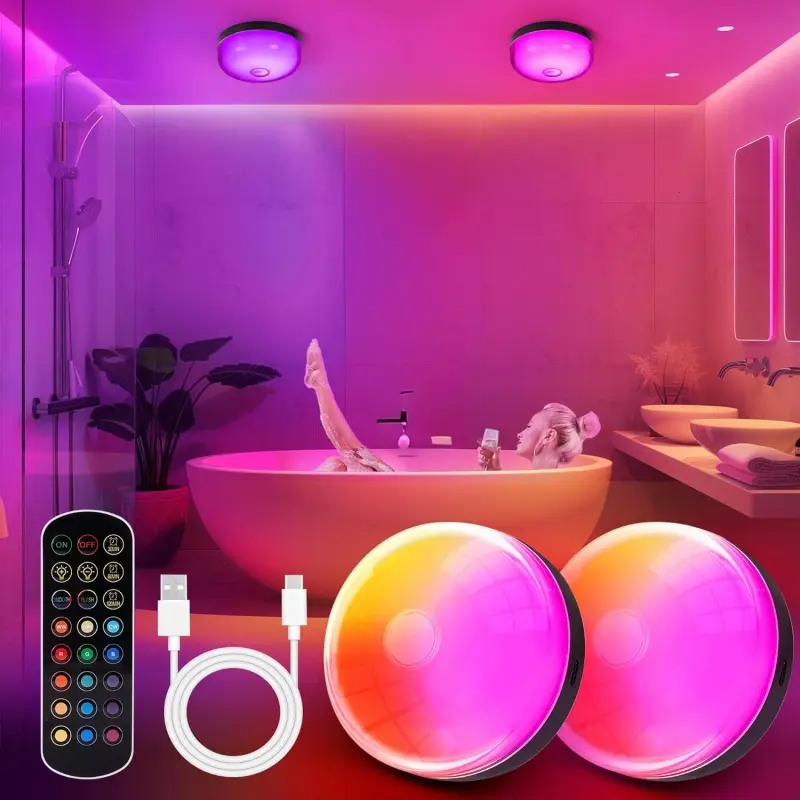 2-Pack Waterproof Shower Lights for Inside Shower, 15 RGBW Color Rechargeable Mood Lighting with Remote(Dimmable&Timer), LED Wireless Ceiling Light for Bathroom, Closet, Hallway, Stairs, Party Decor