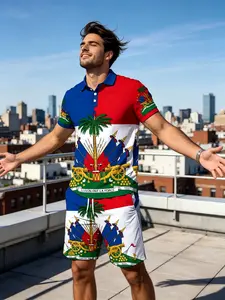 Haiti Theme Casual Polo Set, 3D Print Men's Summer Sports Two-Piece, Loose-Fitting Short Sleeve Top with Shorts