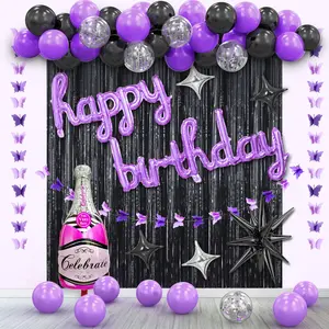 Purple Birthday Decorations For Women  Black Balloon Garland Arch Kit Happy Banner Backdrop Background Fringe Curtains Butterfly Party Decor Supplies.