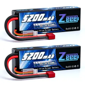 Zeee 7.4V Lipo Battery 2S 50C 5200mAh Lipos Hard Case with Dean-Style T Connector for RC Car Trucks 1/8 1/10 RC Vehicles(2 Packs)