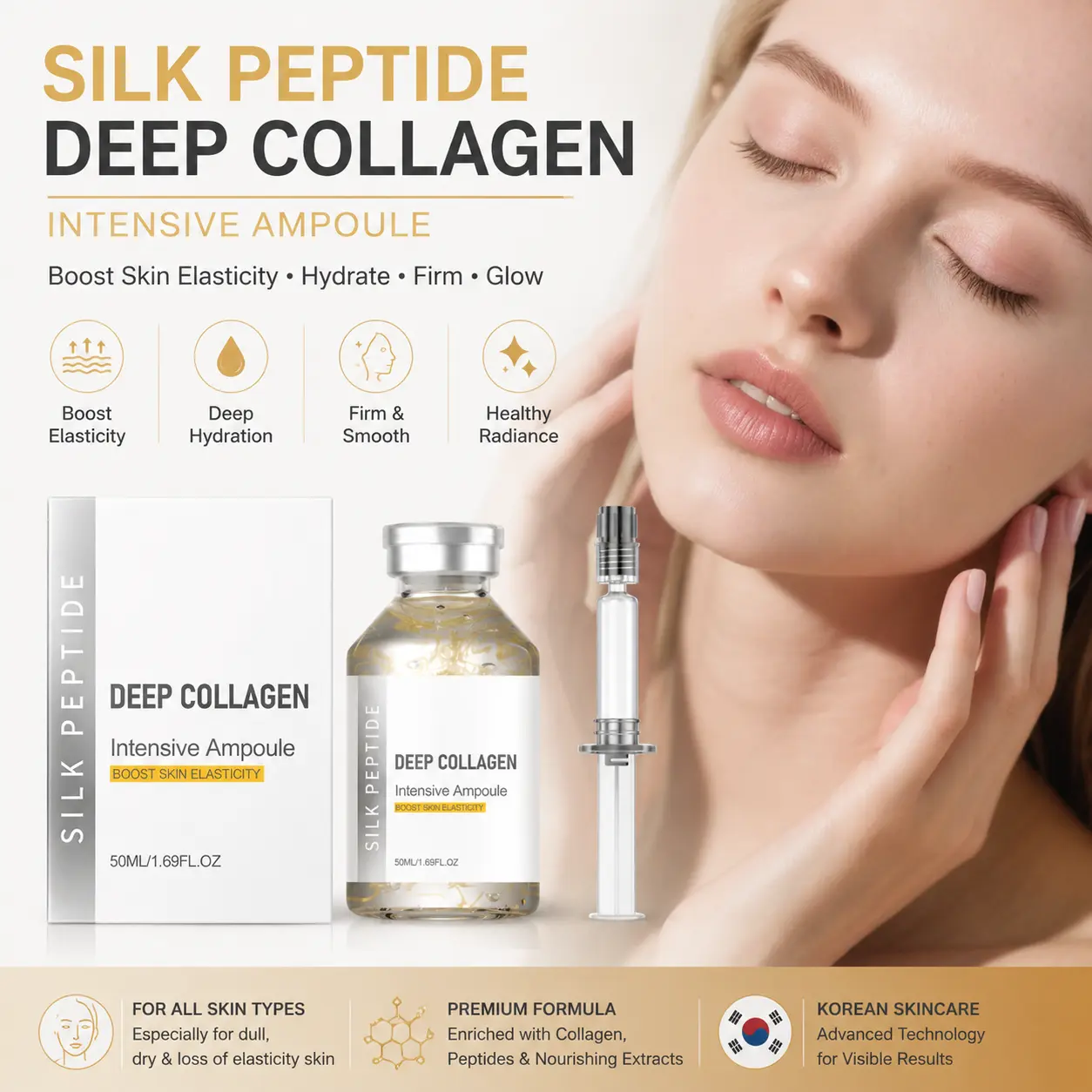 Silk Peptide Deep Collagen Ampoule Serum, Peptide & Collagen Hydrating Facial Essence, Lightweight Moisturizing Korean Skincare for Smooth Looking Glow glinda drops