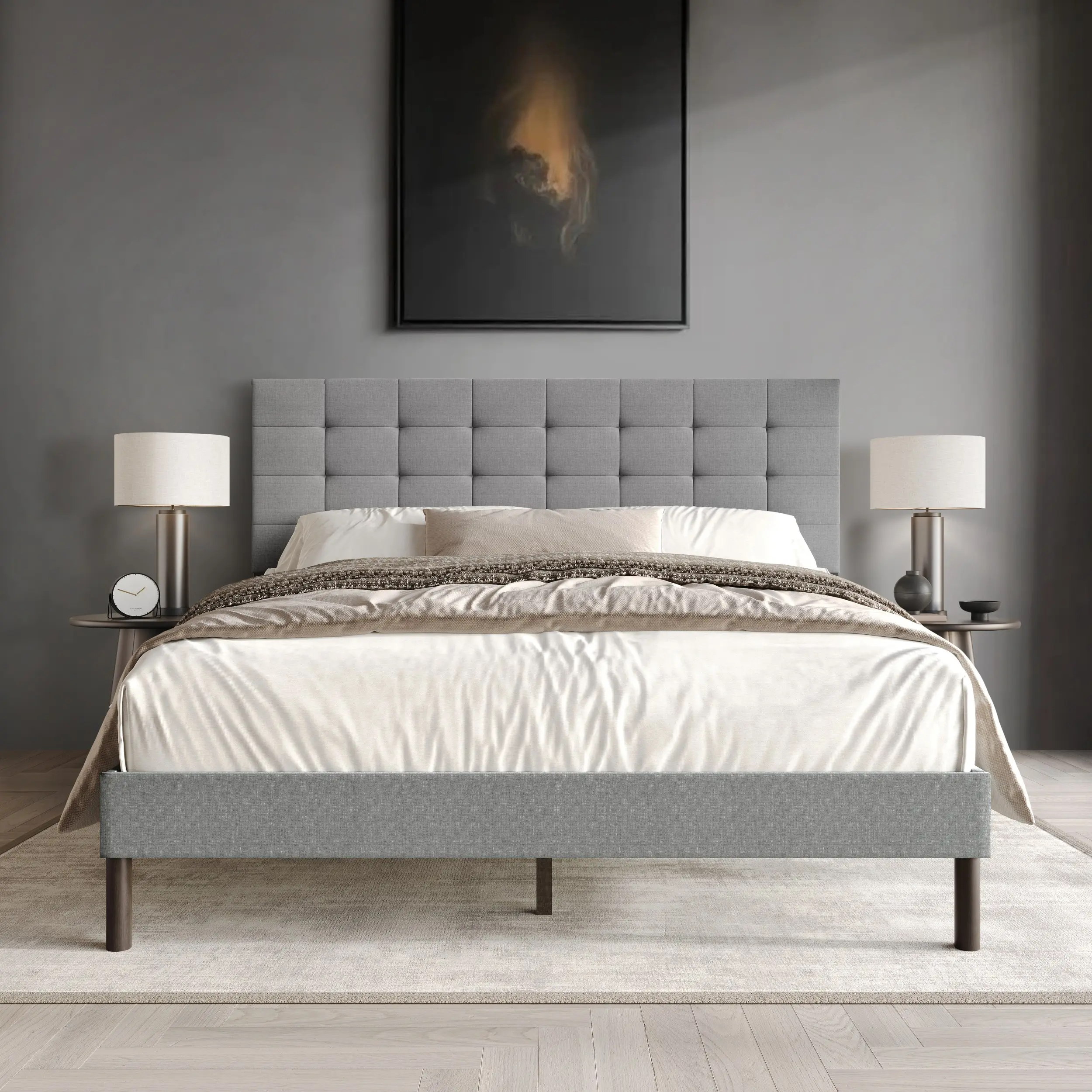 Favorer Haines Upholstered Panel Bed - Gray/Black Linen Tufted Fabric Headboard, Comfortable and Sturdy Bed Frame for Modern Bedroom Decor, Box Spring Required, Comfortable And Sturdy Bed Frames