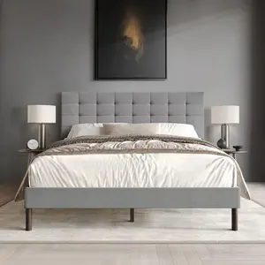 Favorer Haines Upholstered Panel Bed for Modern Bedroom Decor Gray/Black Linen Tufted Headboard Box Spring Required