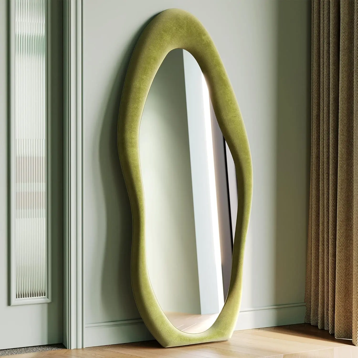 OMNIRA Full Length Mirror, 63" x 24" Flannel Wrapped Wooden Frame Floor Mirror, Irregular Wavy Wall Mirror for Bedroom and Living Room, Large Decorative Leaning Standing Mirror, Forest Green