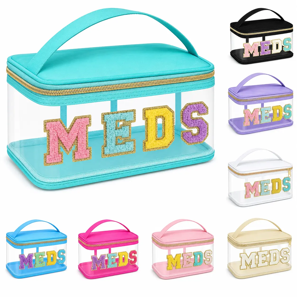 1pc Black Chenier Letters Patch MEDS Nylon Storage Bag with Compartments, 7 Small Bags, Transparent Waterproof Medicine Organizer, Portable Handle-Attached Container for Travel, Storage Bags
