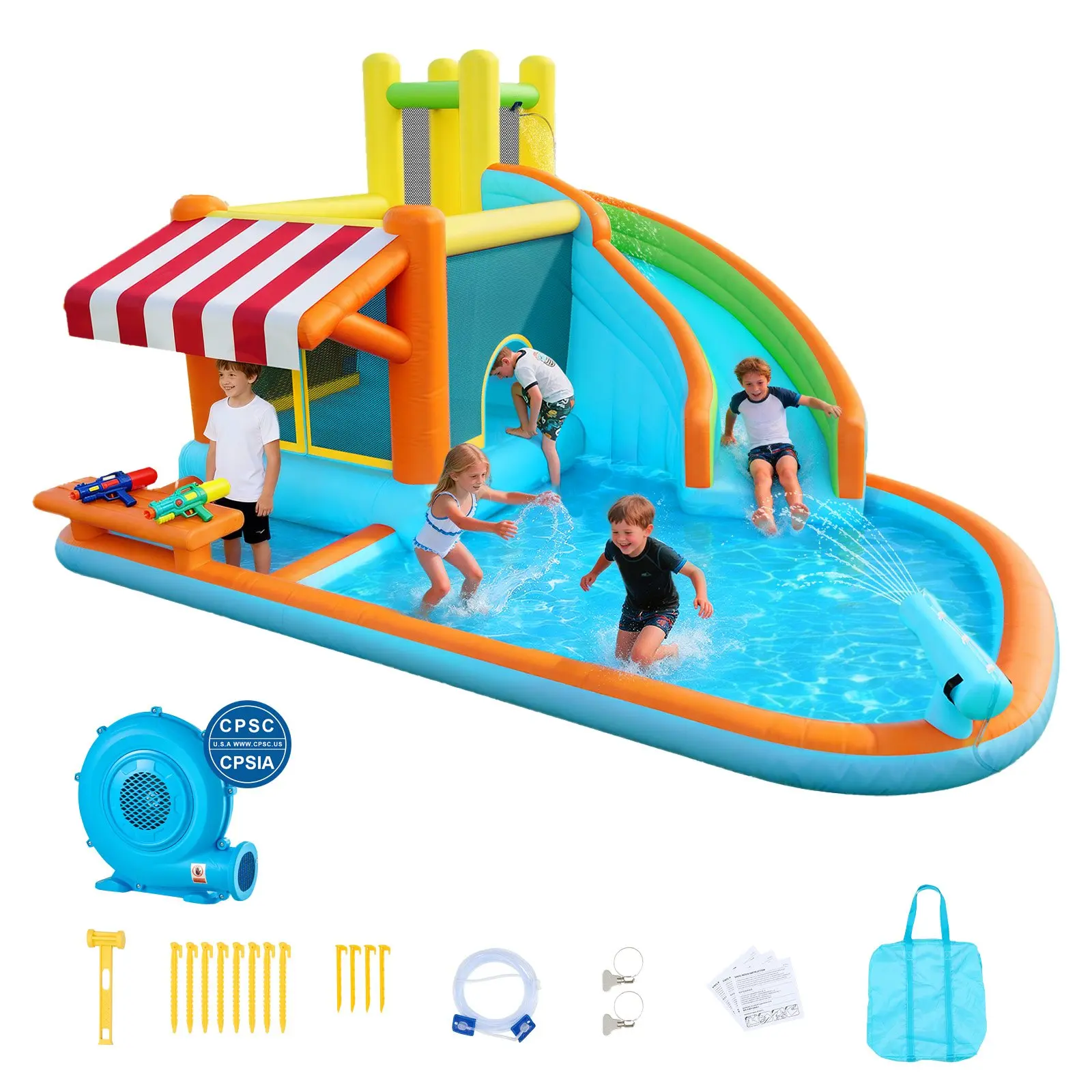 VEVOR Inflatable Bounce House, 14.9 x 12.8 x 7.8 ft Inflatable Bounce House Water Slide, Bouncer Castle with Castle Bounces, Tall Slide, Splash Pool & Pretend Market Booth, for 3 to 4 Kids Ages 3 to 8