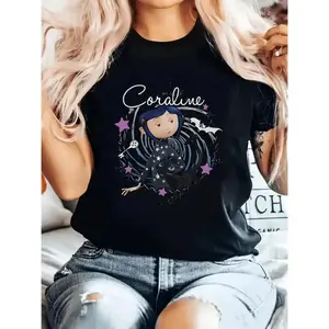 Casual Coraline Inspired Cartoon Print T-Shirt - Crew Neck, Polyester Knit Fabric, Regular Length - Black Cat and Bats Design for All Season Wear graphic tee