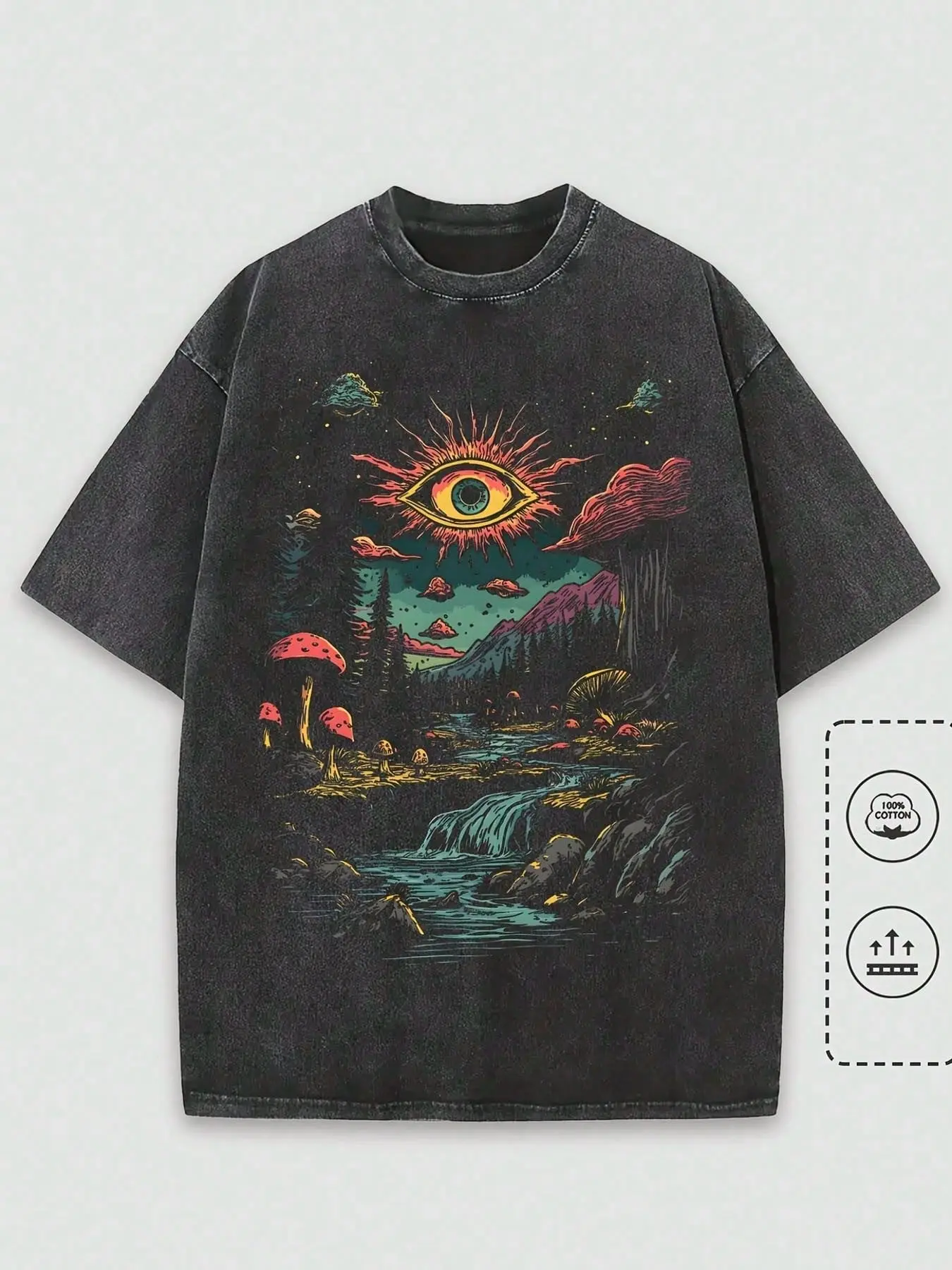 Men's Vintage Psychedelic Graphic T-Shirt, Heavyweight Washed Cotton Oversized Crewneck, Breathable Tee with a Trippy Workwear Vibe, Cargo Pants, Wrinkle