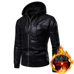 Men’s black synthetic leather jacket with Sherpa lining – hooded casual fashion jacket GARMENTARY