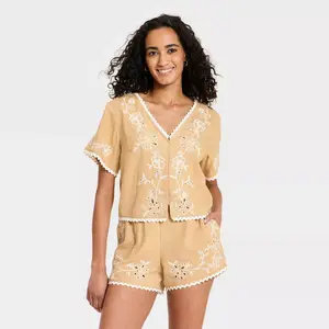 Women's Short Sleeve Cutwork V-Neck Blouse - Universal Thread Tan XL
