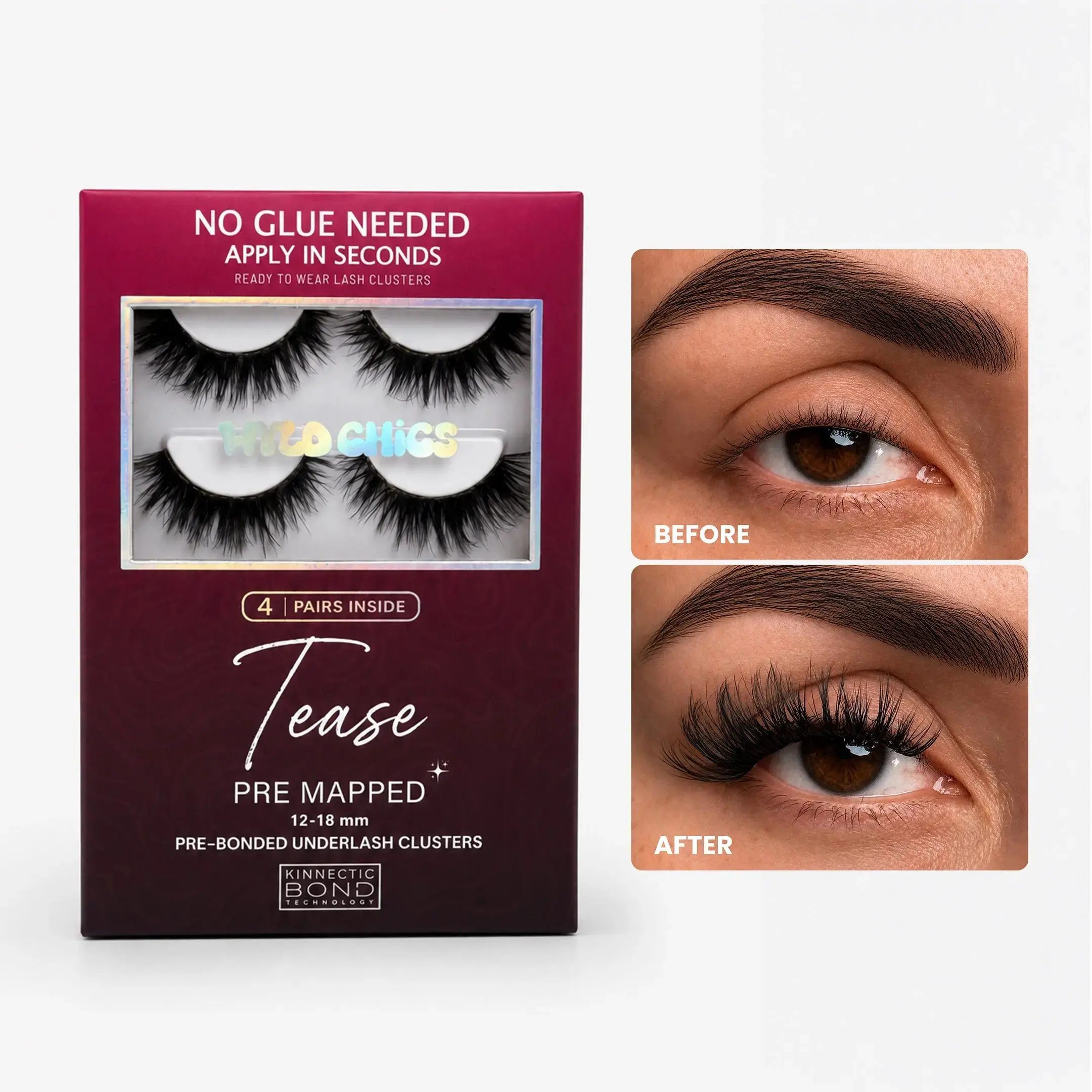 Tease - Pre-Mapped Self Adhesive Lash Clusters - 4 Pairs Underlash Clusters - DIY Pre Glued Lashes - No Glue Apply in Seconds