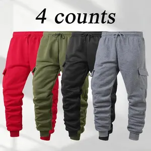 Men's 4-Piece Fleece-Lined Joggers with Drawstring Cuffed Ankles & Multiple Pockets Soft Warm Machine Washable Polyester Fabric for Fall Winter