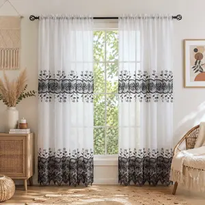 2 Piece Cross-Grain Linen Fabric with Exquisite Water-Soluble Embroidery Classic European Floral Pattern 52x84 Inch Rod Pocket Curtains, Fade-Resistant Elegant Bedroom Window Drapes for Home Decoration FT555
