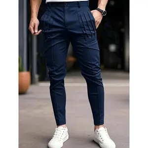 Men'S Slim-Fit Stretchy Business Casual Pants - Solid Color Gray, Elastic Waistband with Drawstring, Side Pockets, Non-Stretch Fabric, Regular Length for All-Season Wear, Versatile Clothing | Sleek Appearance Smooth Texture