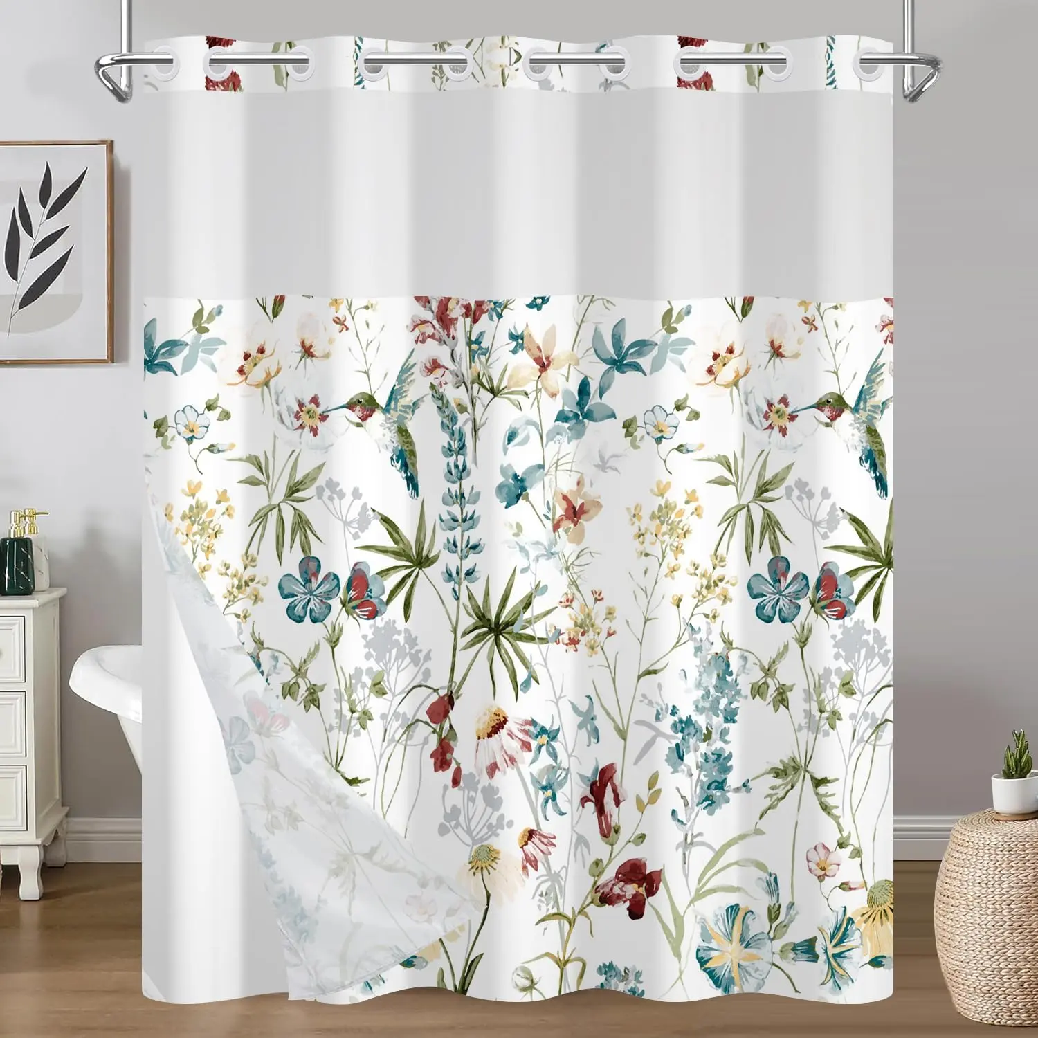 Colorful Floral Shower with Snap in Liner, Waterproof No Hook Shower and Weighted Hem, Watercolor Botanical Farmhouse Curtains, 71x74 Inch