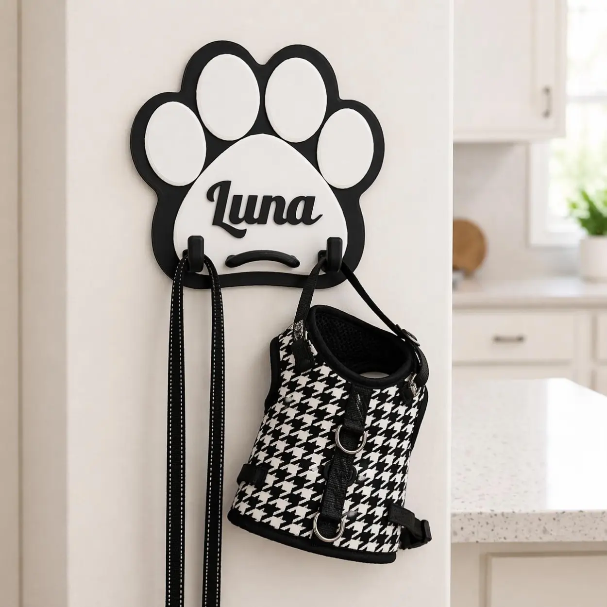 Personalized Dog Leash Holder Custom Pet Name Wall Hook Paw Print Organizer Gift