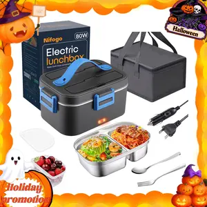 Portable Heated Lunch Box for Adults - 12V/24V/110V Car/Truck/Office Compatible, 304 Stainless Steel Container with Utensils， Tableware