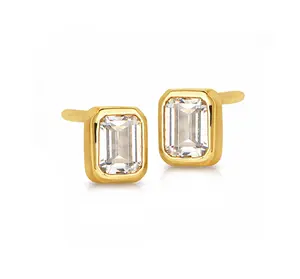 Lola - Simulated Diamond Emerald Cut Bezel  Set  Stud Earrings