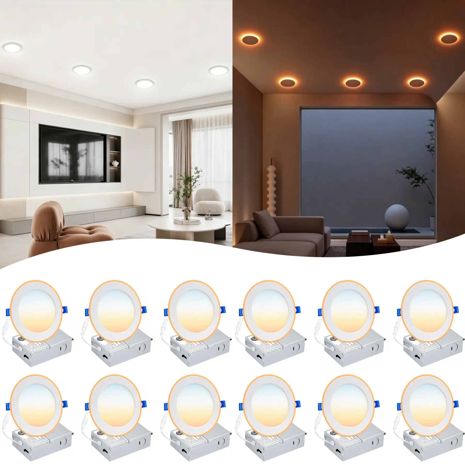 12 Pack 6 Inch 5CCT LED Recessed Ceiling Light with Night Light Dimmable 2700K/3000K/3500K/4000K/5000K Selectable Ultra-Thin Recessed Light1050LM 12W=110W Ultra-Thin Canless Downlight ETL Listed Indoor Lighting Lighting Modes Adjustable